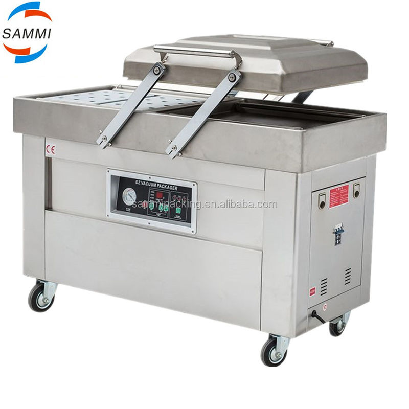 Πολυλειτουργική μηχανή συσκευασίας κενού διπλής αίθουσας για βοδινό μπέικον κοτόπουλο τοφού φιστίκια θαλασσινά